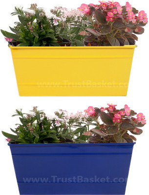 TrustBasket Set of 2 - Rectangular Railing Planter - Yellow and Dark Blue (12 Inch) Plant Container(Metal, External Height - 13.97 cm), Blue;yellow