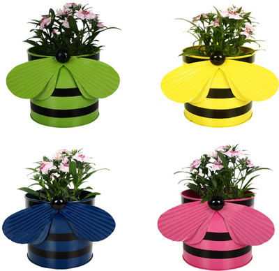 

TrustBasket Set of 4 - Bee planters Green,Yellow,Blue and Pink Plant Container(Metal, External Height - 15 cm), Blue;green;pink;yellow