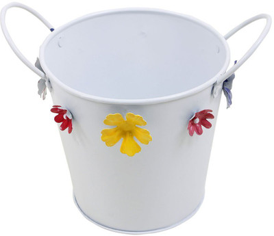 

Shrih Multicolored Floral Motifs Bucket Planter With 2 Handles Plant Container(Metal, External Height - 15.24 cm), White