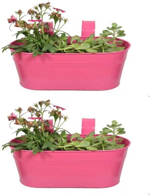 

TrustBasket Set of 2 -Oval railing planter -Pink Plant Container(Metal, External Height - 12.7 cm)