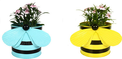 

TrustBasket Set of 2 - Bee planters Yellow and Teal Plant Container(Metal, External Height - 15 cm), Multicolor