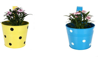 TrustBasket Set of 2 - Single Pot Railing Planter (Yellow and Blue) Plant Container Set(Pack of 2, Metal)