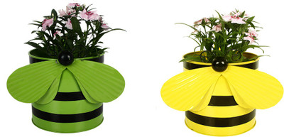 

TrustBasket Set of 2 - Bee planters Yellow and Green Plant Container(Metal, External Height - 15 cm), Green;yellow