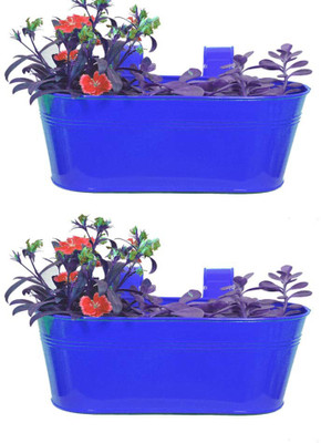 

TrustBasket Set of 2 -Oval railing planter -Dark Blue Plant Container(Metal, External Height - 12.7 cm)