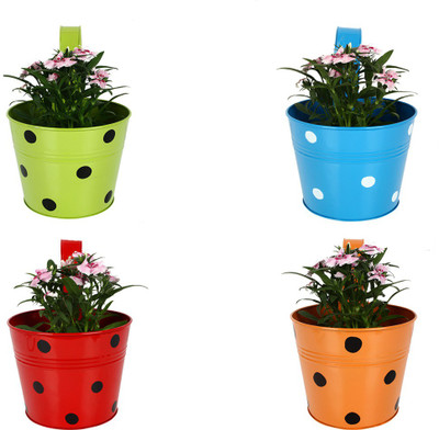 

TrustBasket Set of 4 - Single plant railing planters - Dotted Blue, Orange,Red,Green Plant Container(Metal, External Height - 15 cm), Blue;green;orange;red