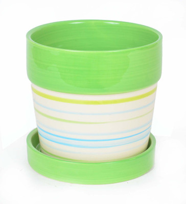 Scrafts Striped 05 Plant Container(Ceramic, External Height - 13 cm), Green