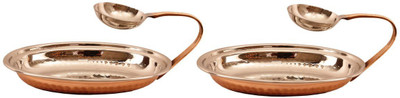 

IndianArtVilla Set of 2 Steel Copper Platter with Attach Chuttney Bowl Plate Set(2 Units)