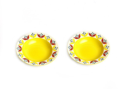caffeine Ceramic Handmade Yellow & Red Flower Print 9 inch Charger Plate(Pack of 2, Microwave Safe)