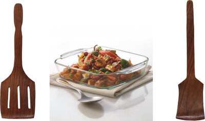 

Borosil Square Dish + Two Wooden Non Stick ladles Dish