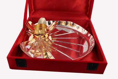 

Shreeng Silver and Gold Plated Lotus Pooja Thali Stainless Steel(1 Pieces, Silver)