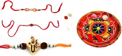 

Indigo Creatives Decorated Pooja Rakhi Micky, Chota Bheem, Single Diamond Ganesh & Kalash Steel(4 Pieces, Multicolor)
