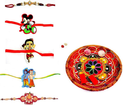 

Indigo Creatives Decorated Pooja Rakhi Dancing Krishna, Swastika, Rudraksh Steel(6 Pieces, Multicolor)