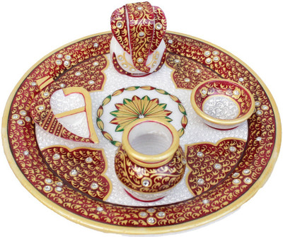 

Crafticia Rajasthani Traditional Handicraft Marble Pooja Plate (Thali) Set Marble(5 Pieces, Multicolor)