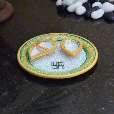 

eCraftIndia Swastik and Two Leaf Shaped Containers Marble(1 Pieces, Green, Blue, Gold)