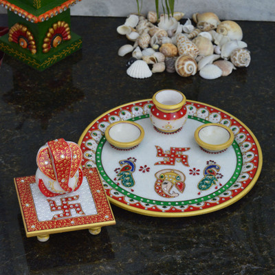 

eCraftIndia Combo of Lord Ganesha and Ridhi Sidhi Marble Chowki Marble(5 Pieces, Multicolor)