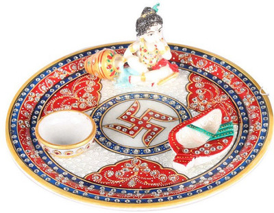 

Apkamart Handcrafted Decorative Marble Puja Plate - 9 Inch - With Lord Krishna - Religious Plates for Festivals, Home Decoration, Puja Ghar and Gifts Marble(Multicolor)