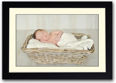 Baby Sleeping In Wooden Basket Fine Art Print(14 inch X 20 inch, Framed)