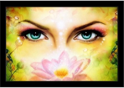 Blue Women Eyes Behind A Blooming Rose Lotus Flower Paper Poster Black Frame | Top Acrylic Glass 19inch x 13inch (48.3cms x 33cms) Paper Print(13 inch X 19 inch, Framed)