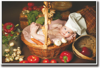 

Cute Baby chef in vegetable basket Fine Art Print(12 inch X 18 inch, Rolled)