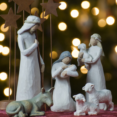

Tallenge Christmas Collection - Nativity With Christmas Tree In The Background - Framed Photo Print For Gifting And Home And Office Décor On Photographic Paper(12 inch X 12 inch, Framed)