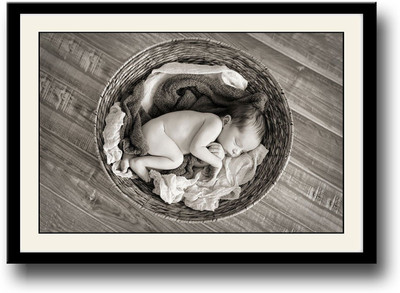

Baby sleeping in basket b&w Fine Art Print(10 inch X 14 inch, Framed)