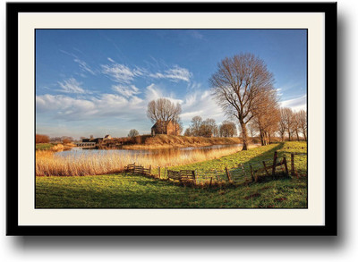 Beautiful River in Green farm Fine Art Print(10 inch X 14 inch, Framed)