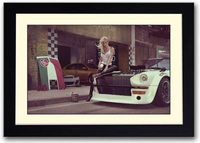

Girl with white Super car Fine Art Print(14 inch X 20 inch, Framed)