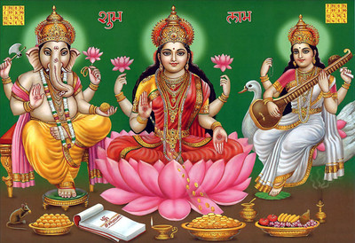 

God Posters Religious Laxmi Ganesh Ji (Non Tearable Synthetic Material) Fine Art Print(13 inch X 19 inch, Card Board Rolling)
