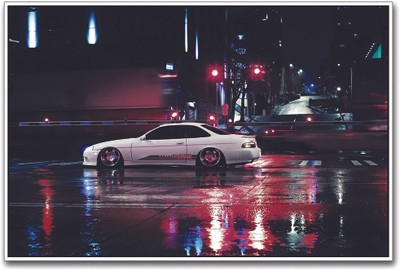 

White Sports Car on Road Paper Print(12 inch X 18 inch)