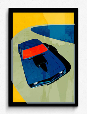 Seven Rays Blue Muscle Car Framed (Small)(18.5 inch X 13 inch)