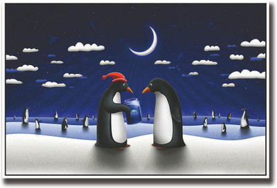 Penguins at Night art Fine Art Print(12 inch X 18 inch, Rolled)