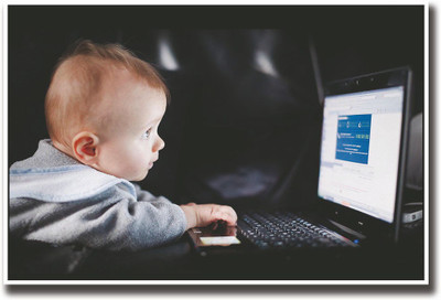 

Cute baby using computer Fine Art Print(12 inch X 18 inch, Rolled)
