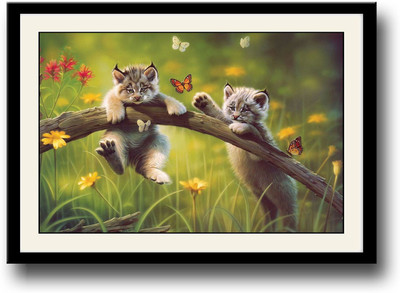 

Two cute animals playing with butterflies Fine Art Print(10 inch X 14 inch, Framed)