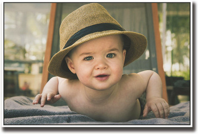 

Cute baby with amazing hat Fine Art Print(12 inch X 18 inch, Rolled)