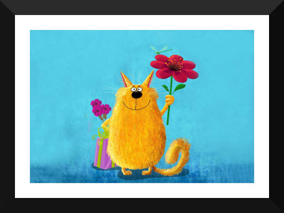Tallenge Art - Fuzzy Cat With Spring Flowers - Premium Quality A3 Size Framed Poster Paper Print(17 inch X 12 inch, Framed)