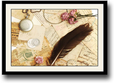 

Old postcards and feather Fine Art Print(10 inch X 14 inch, Framed)