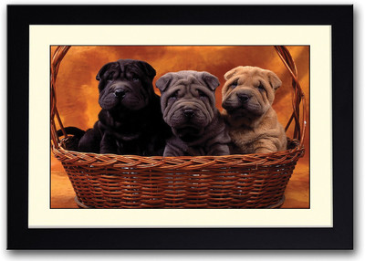 

Three Cute Dog In Basket Fine Art Print(14 inch X 20 inch, Framed)