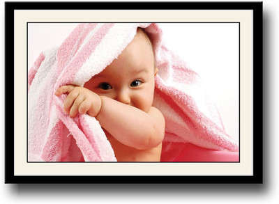 Cute Baby with Pink Towel Fine Art Print(10 inch X 14 inch, Framed)