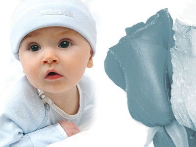 

Cute baby with blue flower Poster Paper Print(12 inch X 18 inch, Rolled)