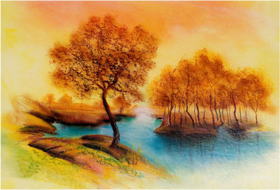 

River n Tree Painting Paper Print(13 inch X 19 inch, Rolled)