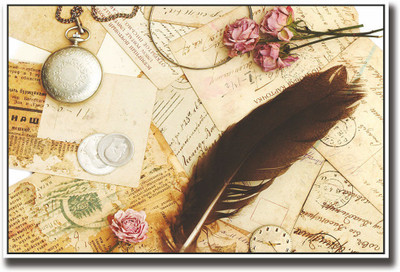 

Old postcards and feather Fine Art Print(12 inch X 18 inch, Rolled)