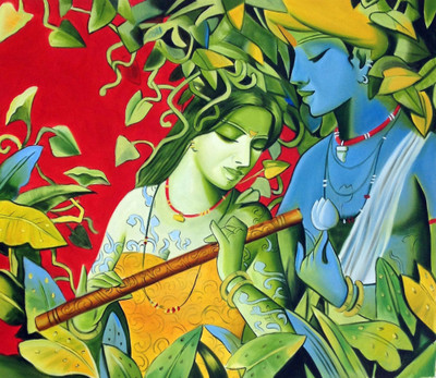 

Enchanting Krishna With Radha Playing Flute - Medium Size Rolled Digital Art Print On Photographic Paper(18 inch X 18 inch, Rolled)
