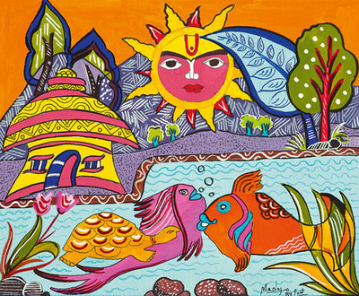 20% OFF on Fishes And The Sun Canvas Art(9 inch X 12 inch)