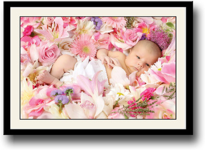 Cute newborn baby with flowers Fine Art Print(10 inch X 14 inch, Framed)