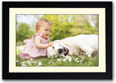Cute Baby Girl With Dog Fine Art Print(14 inch X 20 inch, Framed)