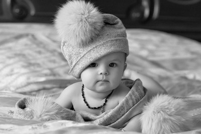 

Child'S Love- Baby Wearing Pom Pom Hat Paper Print(12 inch X 18 inch, Stretched)