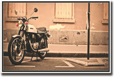 

Vintage motorcycle parked on road Fine Art Print(12 inch X 18 inch, Rolled)
