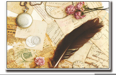 

Posterhouzz Old postcards and feather Fine Art Print(12 inch X 18 inch, Rolled)