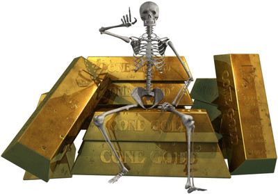 

Funny Skeleton Sitting on Gold Paper Print(12 inch X 18 inch)