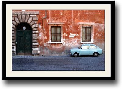 

Small vintage blue car on road Fine Art Print(10 inch X 14 inch, Framed)